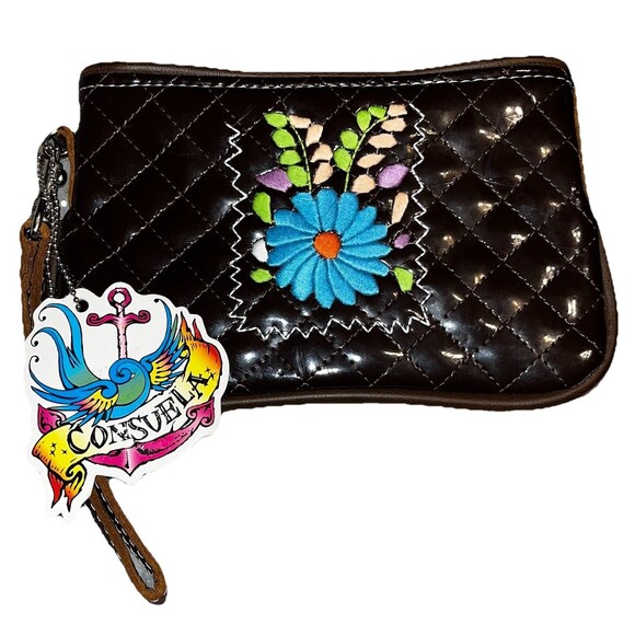 Consuela Quilted Brown Patent w Leather Trim Embroidered Clutch Wristlet NEW - Picture 1 of 14